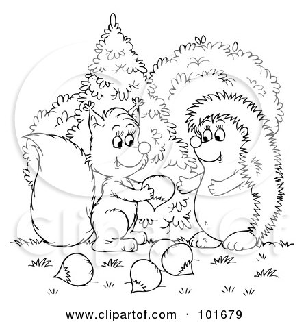 Royalty-Free (RF) Clipart Illustration of a Coloring Page Outline Of A Squirrel Sharing Acorns With A Hedgehog by Alex Bannykh