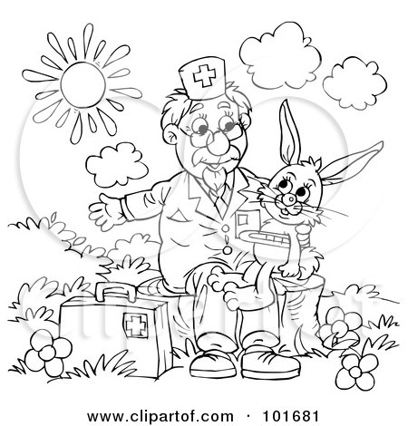 Royalty-Free (RF) Clipart Illustration of a Coloring Page Outline Of A Veterinarian Helping A Sick Rabbit by Alex Bannykh