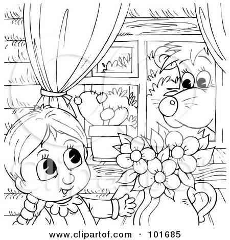 Royalty-Free (RF) Clipart Illustration of a Coloring Page Outline Of A Bear Watching A Girl by Alex Bannykh