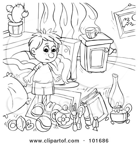 Royalty-Free (RF) Clipart Illustration of a Coloring Page Outline Of A Shocked Boy Watching Enchanted Items by Alex Bannykh
