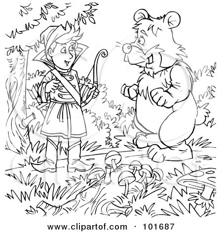 Royalty-Free (RF) Clipart Illustration of a Coloring Page Outline Of A Boy Talking To A Bear by Alex Bannykh