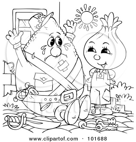 Royalty-Free (RF) Clipart Illustration of a Coloring Page Outline Of An Onion And Lemon In The Sun by Alex Bannykh