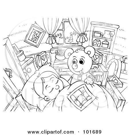 Royalty-Free (RF) Clipart Illustration of a Coloring Page Outline Of A Bear Watching A Girl Sleep by Alex Bannykh