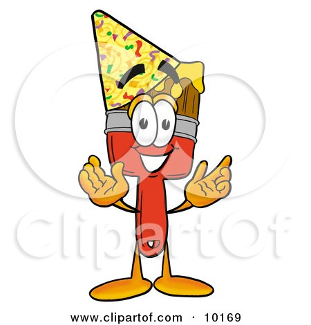 Clipart Picture of a Paint Brush Mascot Cartoon Character Wearing a Birthday Party Hat by Mascot Junction