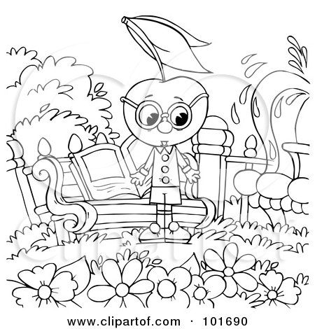 Royalty-Free (RF) Clipart Illustration of a Coloring Page Outline Of A Cherry Head  By A Garden Bench by Alex Bannykh