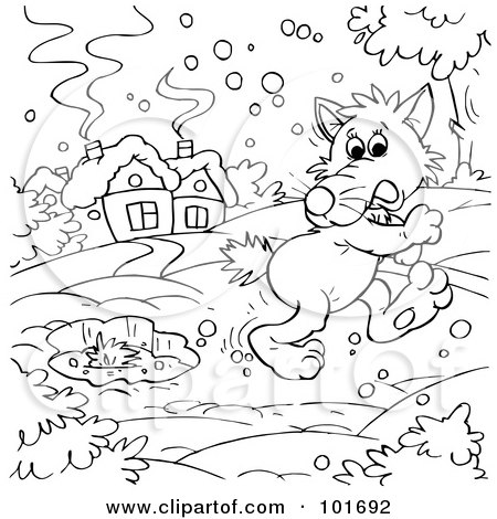 Royalty-Free (RF) Clipart Illustration of a Coloring Page Outline Of A Wolf Walking In The Snow by Alex Bannykh
