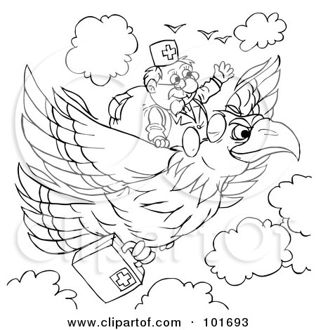 Royalty-Free (RF) Clipart Illustration of a Coloring Page Outline Of A Doctor Flying On An Eagle by Alex Bannykh