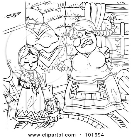 Royalty-Free (RF) Clipart Illustration of a Coloring Page Outline Of A Mean Woman Pointing To A Girl by Alex Bannykh
