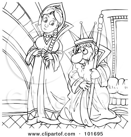 Royalty-Free (RF) Clipart Illustration of a Coloring Page Outline Of A Pretty Queen And Evil King by Alex Bannykh