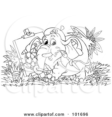 Royalty-Free (RF) Clipart Illustration of a Coloring Page Outline Of An Elephant Painting On A Canvas by Alex Bannykh