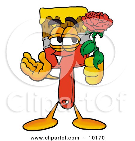 Clipart Picture of a Paint Brush Mascot Cartoon Character Holding a Red Rose on Valentines Day by Mascot Junction