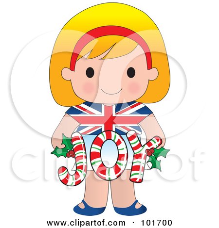 Royalty-Free (RF) Clipart Illustration of a Cute British Girl Holding Joy Christmas Candy Canes by Maria Bell