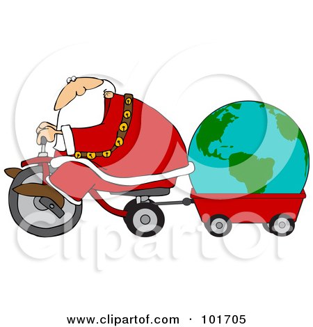 Royalty-Free (RF) Clipart Illustration of Santa Riding A Trike And Pulling A Globe In A Wagon by djart