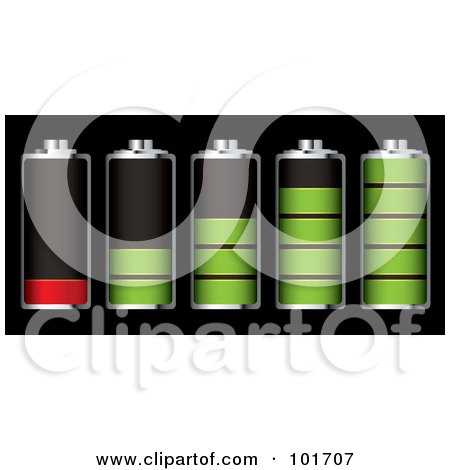 Royalty-Free (RF) Clipart Illustration of a Digital Collage Of Five Chrome Batteries With Green And Red Juice At Different Charge Levels by michaeltravers