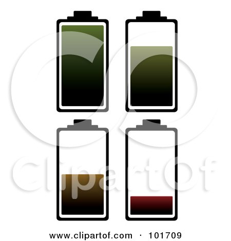 Royalty-Free (RF) Clipart Illustration of a Digital Collage Of Four Black Battery Outlines With Green, Brown And Red Juice At Different Charge Levels by michaeltravers