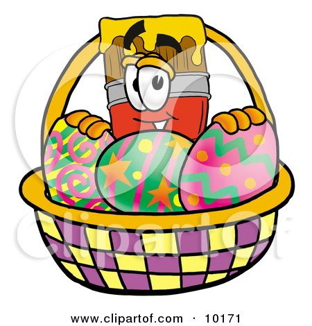 Clipart Picture of a Paint Brush Mascot Cartoon Character in an Easter Basket Full of Decorated Easter Eggs by Mascot Junction
