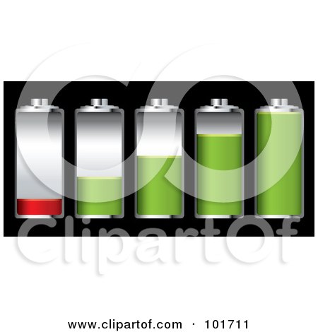 Royalty-Free (RF) Clipart Illustration of a Digital Collage Of Five Silver Batteries With Green And Red Juice At Different Charge Levels by michaeltravers