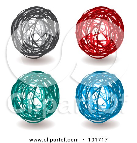 Royalty-Free (RF) Clipart Illustration of a Digital Collage Of Four Black, Red, Green And Blue Scribbled Ball Drawings by michaeltravers
