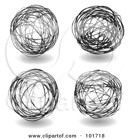 Royalty-Free (RF) Clipart Illustration of a Digital Collage Of Four Black And White Scribbled Ball Drawings by michaeltravers