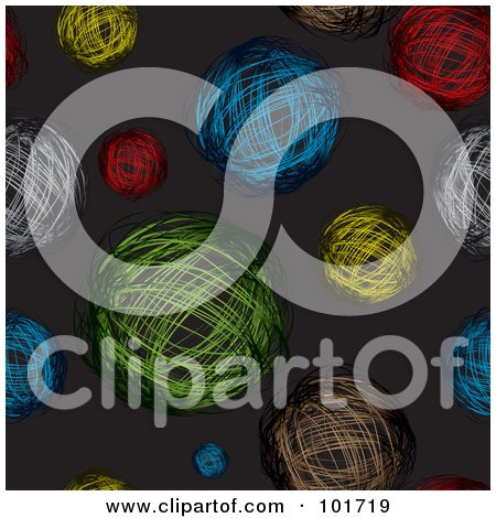 Royalty-Free (RF) Clipart Illustration of a Seamless Pattern Background Of Colorful Scribbled Balls On Black by michaeltravers