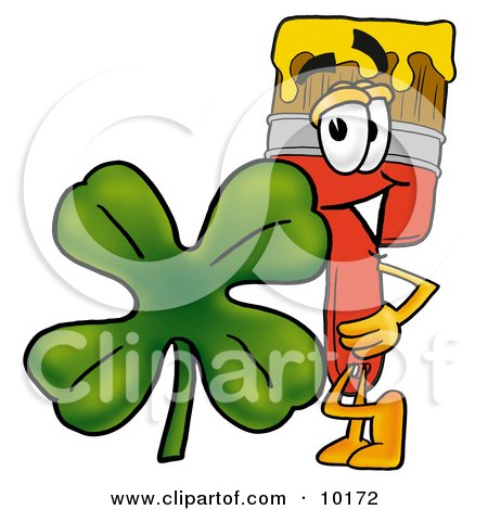 Clipart Picture of a Paint Brush Mascot Cartoon Character With a Green Four Leaf Clover on St Paddy's or St Patricks Day by Mascot Junction