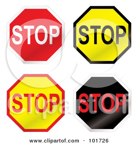 Royalty-Free (RF) Clipart Illustration of a Digital Collage Of Four Red, Yellow And Black Stop Signs by michaeltravers