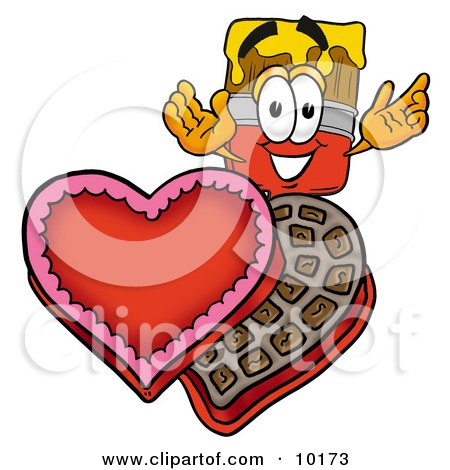 Clipart Picture of a Paint Brush Mascot Cartoon Character With an Open Box of Valentines Day Chocolate Candies by Mascot Junction