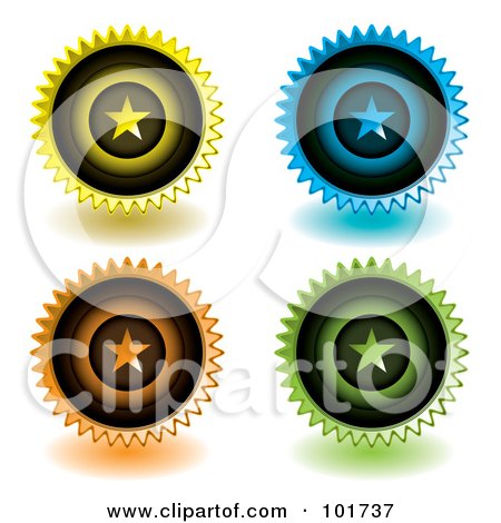 Royalty-Free (RF) Clipart Illustration of a Digital Collage Of Four Yellow, Blue, Orange And Green Star Icons by michaeltravers