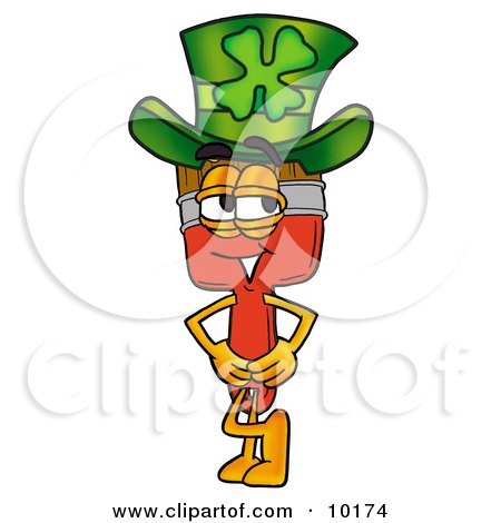 Clipart Picture of a Paint Brush Mascot Cartoon Character Wearing a Saint Patricks Day Hat With a Clover on it by Mascot Junction