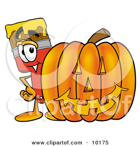 Clipart Picture of a Paint Brush Mascot Cartoon Character With a Carved Halloween Pumpkin by Mascot Junction
