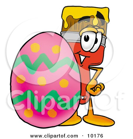 Clipart Picture of a Paint Brush Mascot Cartoon Character Standing Beside an Easter Egg by Mascot Junction