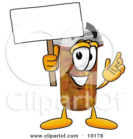 Clipart Picture of a Pill Bottle Mascot Cartoon Character Holding a Blank Sign by Mascot Junction