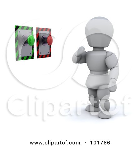 Royalty-Free (RF) Clipart Illustration of a 3d White Character Standing Before Green And Red Buttons by KJ Pargeter