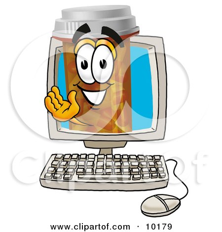 Clipart Picture of a Pill Bottle Mascot Cartoon Character Waving From Inside a Computer Screen by Mascot Junction
