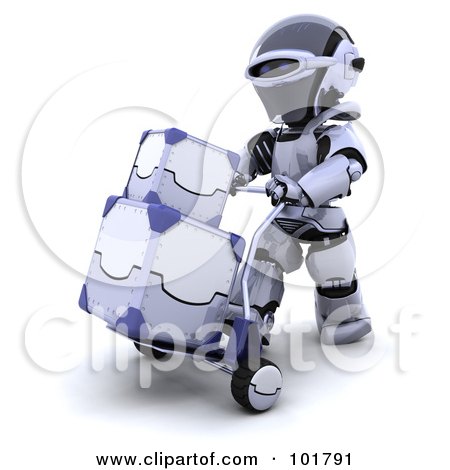 Royalty-Free (RF) Clipart Illustration of a 3d Silver Robot Pushing Crates On A Hand Truck by KJ Pargeter