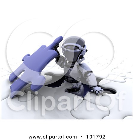 Royalty-Free (RF) Clipart Illustration of a 3d Silver Robot Emerging Through An Opening In A Jigsaw Puzzle by KJ Pargeter