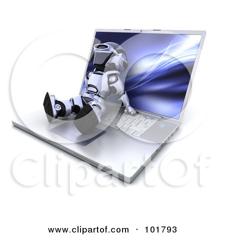 Royalty-Free (RF) Clipart Illustration of a 3d Silver Robot Relaxing On A Laptop Keyboard by KJ Pargeter