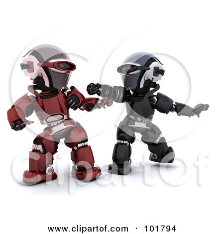 Royalty-Free (RF) Clipart Illustration of 3d Red And Black Robots Fighting by KJ Pargeter