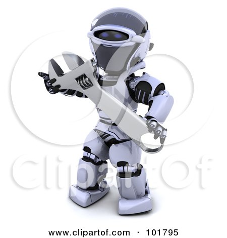 Royalty-Free (RF) Clipart Illustration of a 3d Silver Robot Holding A Large Wrench by KJ Pargeter