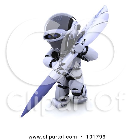 Royalty-Free (RF) Clipart Illustration of a 3d Silver Robot Writing With A Large Pen by KJ Pargeter