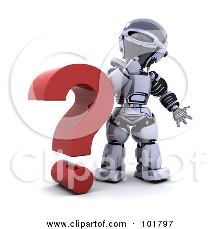 Royalty-Free (RF) Clipart Illustration of a 3d Silver Robot Beside A Red Question Mark by KJ Pargeter