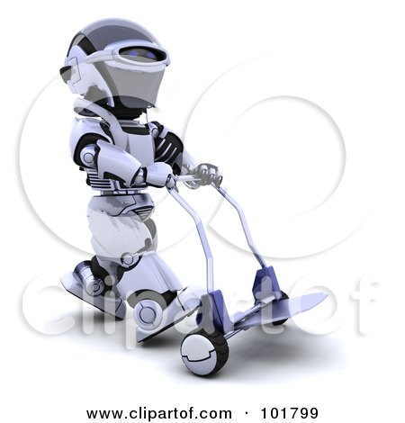 Royalty-Free (RF) Clipart Illustration of a 3d Silver Robot Pushing A Hand Truck by KJ Pargeter
