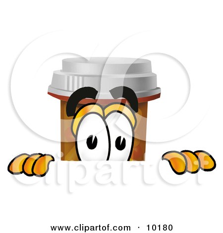 Clipart Picture of a Pill Bottle Mascot Cartoon Character Peeking Over a Surface by Mascot Junction