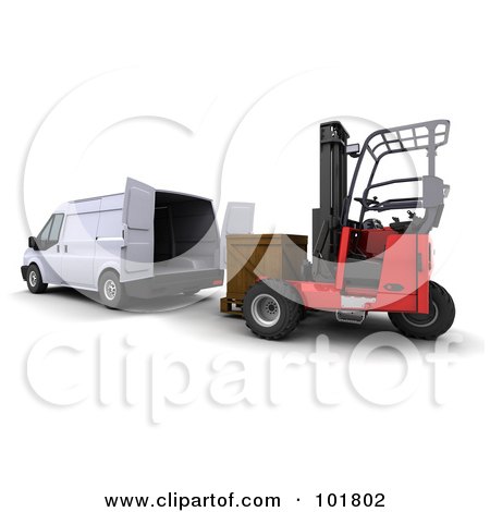 Royalty-Free (RF) Clipart Illustration of a 3d Forklift Loading A Wooden Crate Into A Delivery Van by KJ Pargeter