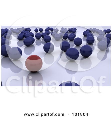 Royalty-Free (RF) Clipart Illustration of a 3d Red Ball Standing Out From Blue Balls On A Reflective Surface by KJ Pargeter