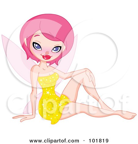 Royalty-Free (RF) Clipart Illustration of a Pink Haired Pixie Sitting In A Yellow Dress by yayayoyo