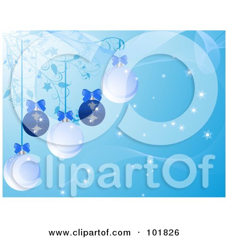 Royalty-Free (RF) Clipart Illustration of a Blue Christmas Background Of Baubles And Bows Hanging From Vines by elaineitalia