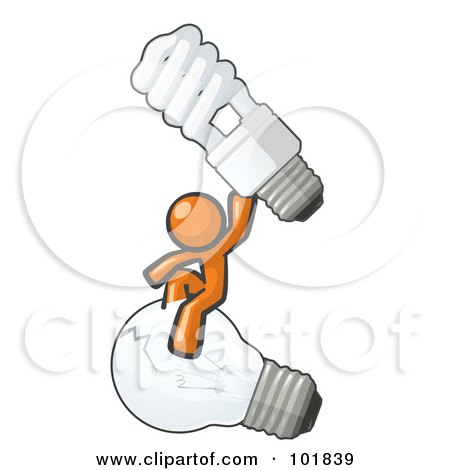 Royalty-Free (RF) Clipart Illustration of an Orange Man Design Mascot Sitting On An Old Light Bulb And Holding Up A New, Energy Efficient Bulb by Leo Blanchette
