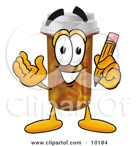 Clipart Picture of a Pill Bottle Mascot Cartoon Character Holding a Pencil by Mascot Junction