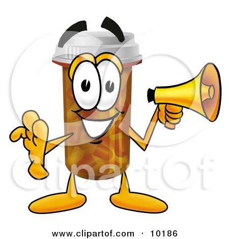 Clipart Picture of a Pill Bottle Mascot Cartoon Character Holding a Megaphone by Mascot Junction